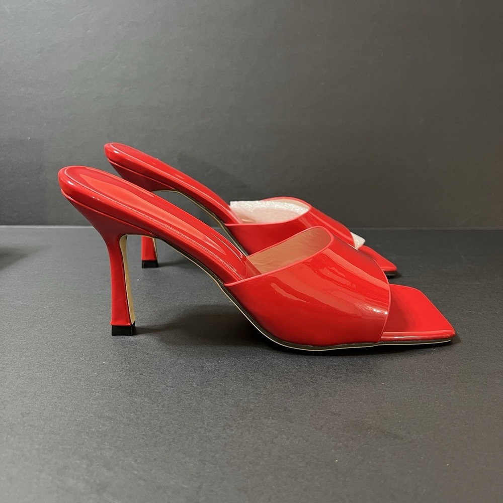 Womens Patent Leather Mules Square Toe Slip On Heels Size 40 Red